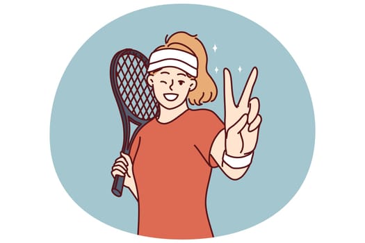 Woman tennis player demonstrates victory gesture before tournament or championship against professional opponent. Girl with tennis racket stands on court playing sports leads healthy lifestyle