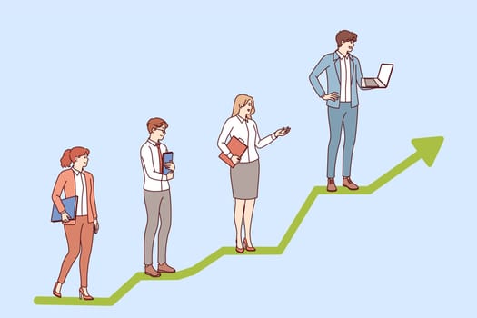 Business people stand on career progress line in form of graph, receiving promotions due to good work. Growth chart symbolizes progress through collaboration of colleagues to achieve common goal.