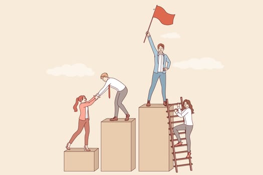 Team building for business people who rise to top of career ladder together and choose leader holding red flag. Team of white collar workers developing together to achieve superior results
