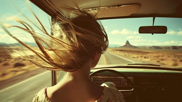 Happy and free girl driving a car with long hair waving by wind on a summer day. Travel or Holiday concept
