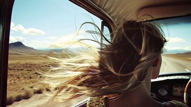 Happy and free girl driving a car with long hair waving by wind on a summer day. Travel or Holiday concept