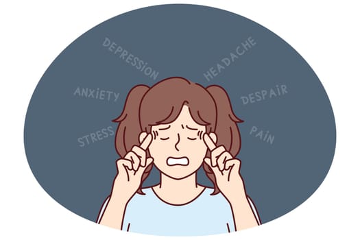 Little upset teen girl suffers from depression and headaches puts fingers to temples. Unhappy teenager schoolgirl needs help of psychologist to treat depression caused by anxiety and despair