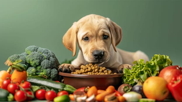 Puppy with dog food and vegetables on green background. Preparing natural natural, organic food for pets at home. Concept for dog food
