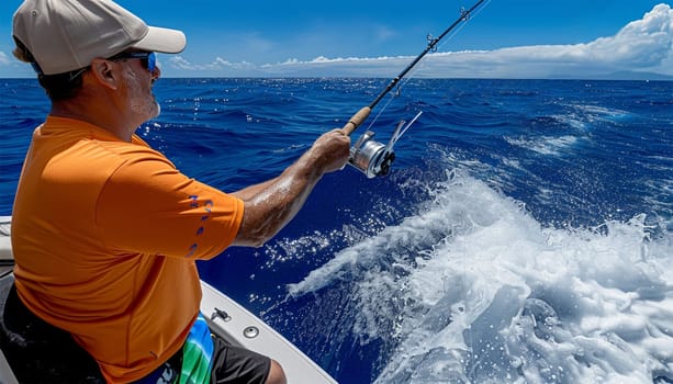 Fisher man on the sea. Fishing man with sport fish rod and reel line for recreation on summer ocean day. Recreational fishing fisherman outdoor leisure lifestyle.