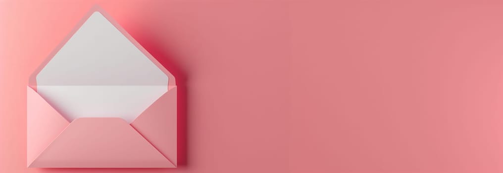 Open pink envelope with empty white sheet coming out on pink textured background. Top view. Pastel pink background romantic love design. Wedding copy space