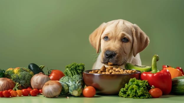 Puppy with dog food and vegetables on green background. Preparing natural natural, organic food for pets at home. Concept for dog food