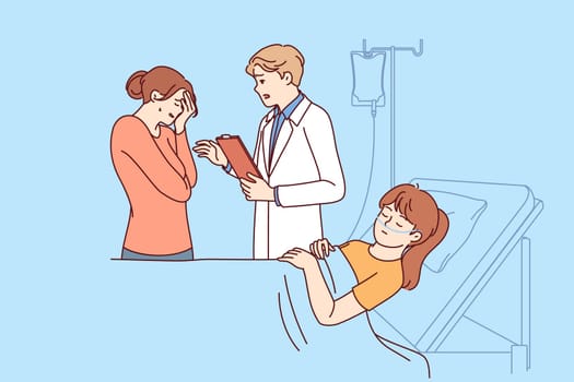 Hospitalized sick child lies unconscious on hospital bed, near crying mother and doctor. Hospitalized girl sleeps after surgery to remove malignant tumor performed using anesthesia