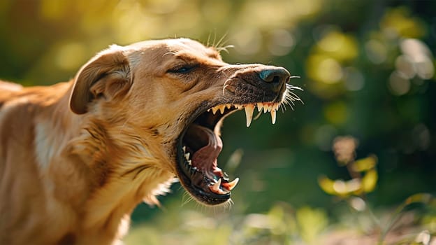 Aggressive dog shows dangerous teeth. Pet dog attack. Head detail Little blur panning move. vicious dog Copy space