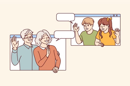 Online communication with grandchildren for grandparents waving and saying hi using digital video call. Smiling grandchildren and grandpa with grandma users of software for remote meetings