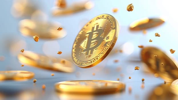 Cryptocurrency concept or electronic payments. technology 3d illustration. Realistic gold coins explosion or splash on white background. Rain of golden bitcoins. Falling or flying money.