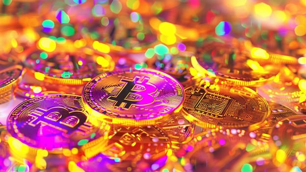 Cyberpunk Bitcoin Futuristic Sci-Fi Technology Cryptocurrency Textured Coin Hi-Tech Illustration. Pink neon lights. Pile of bitcoins