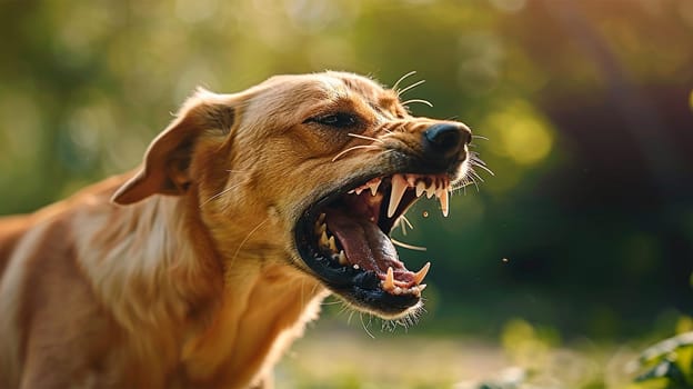 Aggressive dog shows dangerous teeth. Pet dog attack. Head detail Little blur panning move. vicious dog Copy space