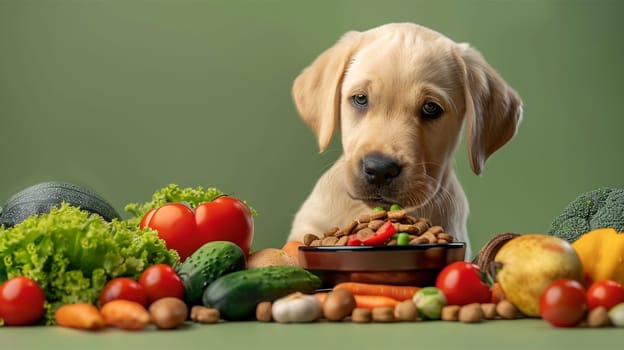 Puppy with dog food and vegetables on green background. Preparing natural natural, organic food for pets at home. Concept for dog food