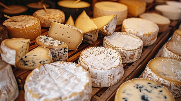 storage of cheese products. Various kind of cheese, traditional pieces of french and italy hand-made cheese on wooden table