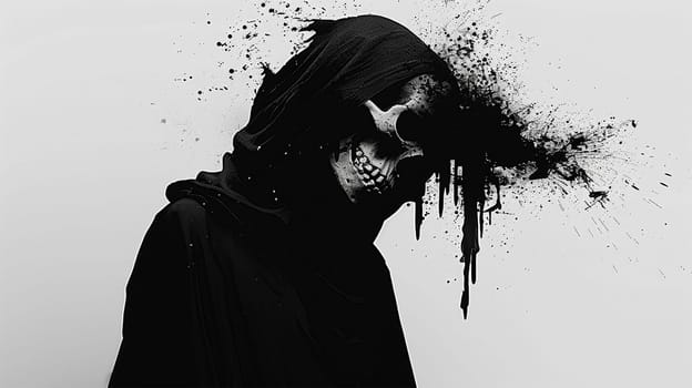 The image of death in black clothes, a black hood. Grim reaper in the fog. Depression, despondency, fear, fright, mysticism. 3D illustration, 3D rendering isolated on white background Halloween theme 4k video