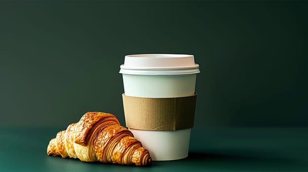 Croissant with coffee to go in a paper cup, take away breakfast, Green background. Copy space Takeout food and drink
