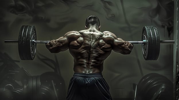 muscular man weight lifter. Muscular fitness man doing deadlift a barbell over his head in modern fitness center. Functional training. Snatch exercise. Athlete in the gym