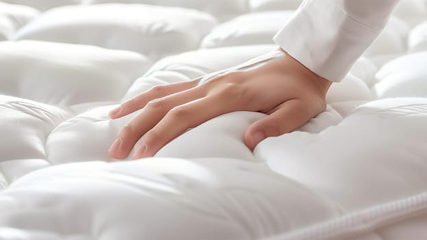 Woman touching soft white mattress indoors, closeup. Space for text . Enjoy good morning with comfy mattress bright light