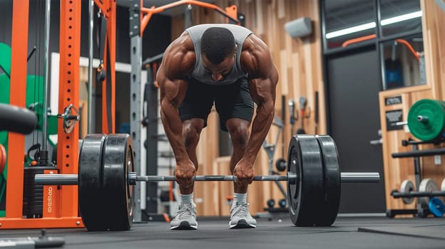 muscular man weight lifter. Muscular fitness man doing deadlift a barbell over his head in modern fitness center. Functional training. Snatch exercise. Athlete in the gym