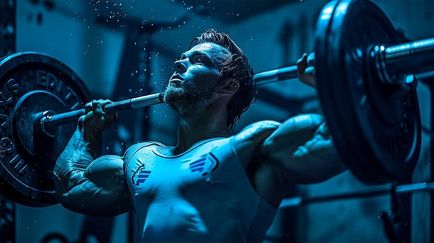 muscular man weight lifter. Muscular fitness man doing deadlift a barbell over his head in modern fitness center. Functional training. Snatch exercise. Athlete in the gym