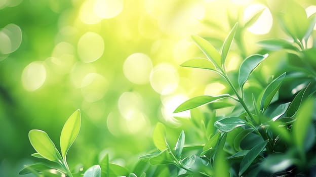 Fresh green leaves on a tree sway in the wind. Elegant green background of green leaves and bokeh. High quality, Copy space sunlight shining