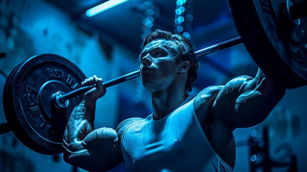 muscular man weight lifter. Muscular fitness man doing deadlift a barbell over his head in modern fitness center. Functional training. Snatch exercise. Athlete in the gym