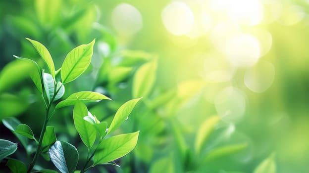Fresh green leaves on a tree sway in the wind. Elegant green background of green leaves and bokeh. High quality, Copy space sunlight shining