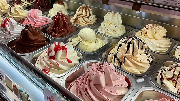 various flavors of gelato ice-cream at the showcase in dessert shop. Summer sweet close up of colorful delicious ice cream in shop