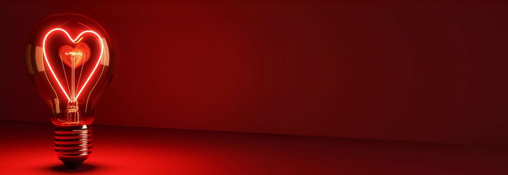 Lightbulb in shape of heart with red background. Romantic love design. Burning heart shape in the electric lamp. Copy space flickering and glowing