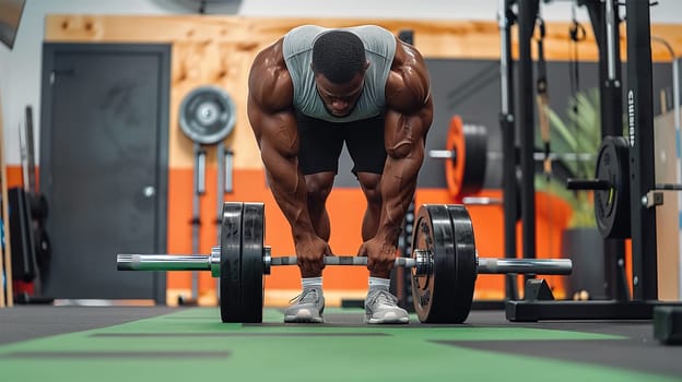 muscular man weight lifter. Muscular fitness man doing deadlift a barbell over his head in modern fitness center. Functional training. Snatch exercise. Athlete in the gym