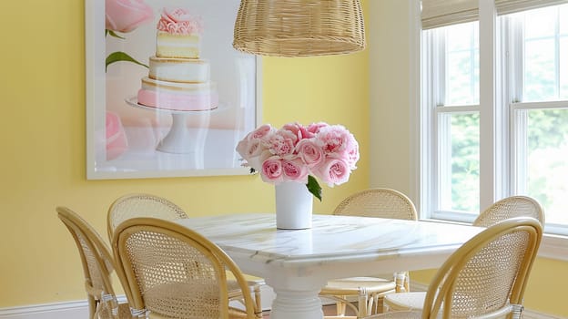 Cute dining corner with yellow wall and pink flowers. Cupcake on canvas frame. a dining table and chairs in a room with yellow walls, wood flooring and white trim on the walls Lovely home on a sunny day