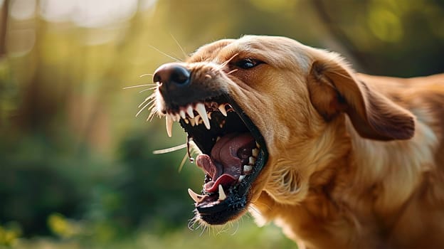Aggressive dog shows dangerous teeth. Pet dog attack. Head detail Little blur panning move. vicious dog Copy space