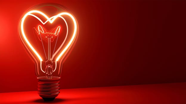 Lightbulb in shape of heart with red background. Romantic love design. Burning heart shape in the electric lamp. Copy space flickering and glowing