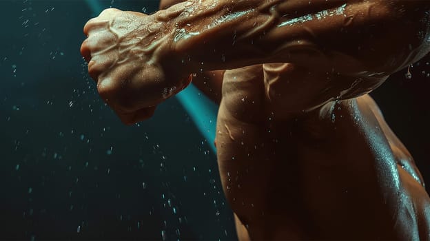Close up bodybuilder biceps,shoulder,arm. Handsome power athletic man in training pumping up muscles. Strong bodybuilder with six pack, perfect abs, shoulders, biceps, triceps and chest.
