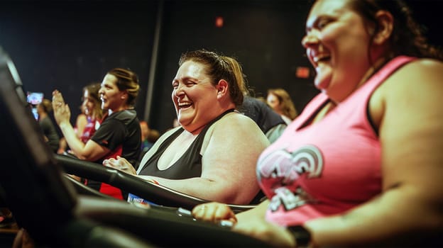 Overweight woman running at the gym. cute plump happy woman. Running on treadmill in fitness center. Exercise to achieve your weight loss goals. Overweight woman wearing sportswear, woman exercising in the gym.