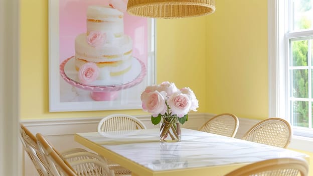 Cute dining corner with yellow wall and pink flowers. Cupcake on canvas frame. a dining table and chairs in a room with yellow walls, wood flooring and white trim on the walls Lovely home on a sunny day