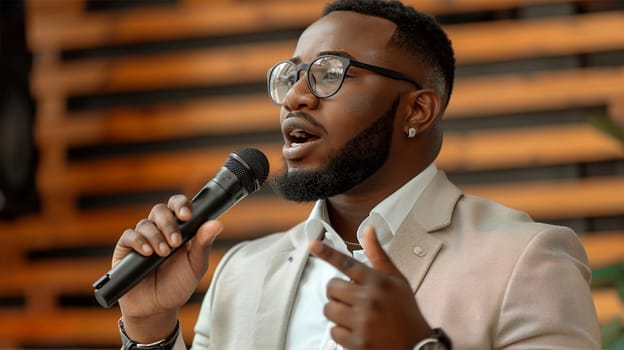 Confident African speaker gives presentation to multiracial sales team with flipchart, black businessman in suit presenting new marketing project speaking at seminar, business coach training managers