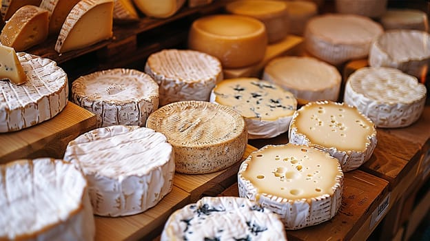 storage of cheese products. Various kind of cheese, traditional pieces of french and italy hand-made cheese on wooden table