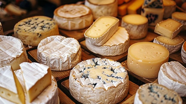 storage of cheese products. Various kind of cheese, traditional pieces of french and italy hand-made cheese on wooden table
