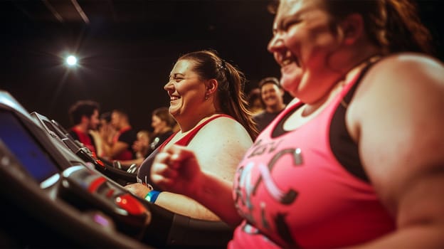 Overweight woman running at the gym. cute plump happy woman. Running on treadmill in fitness center. Exercise to achieve your weight loss goals. Overweight woman wearing sportswear, woman exercising in the gym.
