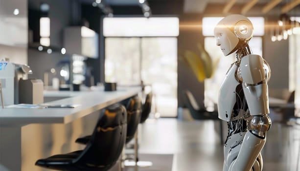 AI Artificial Intelligence Robot Head with digital graphic Brain Engine in modern city. 4k video Futuristic technology concept design cyber background