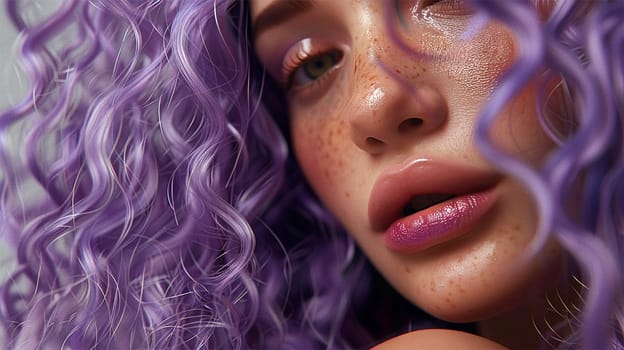 Beauty portrait of a teenager with freckles and purple hair. Attractive woman with purple hairstyle. Macro close up