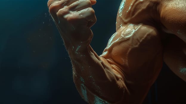 Close up bodybuilder biceps,shoulder,arm. Handsome power athletic man in training pumping up muscles. Strong bodybuilder with six pack, perfect abs, shoulders, biceps, triceps and chest.