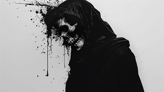 The image of death in black clothes, a black hood. Grim reaper in the fog. Depression, despondency, fear, fright, mysticism. 3D illustration, 3D rendering isolated on white background Halloween theme 4k video