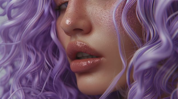 Beauty portrait of a teenager with freckles and purple hair. Attractive woman with purple hairstyle. Macro close up