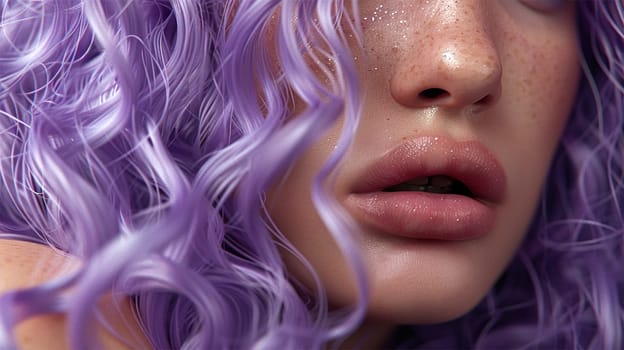 Beauty portrait of a teenager with freckles and purple hair. Attractive woman with purple hairstyle. Macro close up