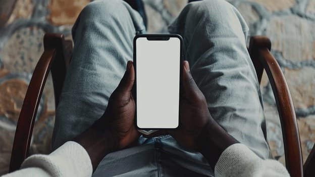 African American man holding smart phone with mockup white blank display, empty screen for app ads sitting on couch at home. Mobile applications technology concept, over shoulder close up view. top view