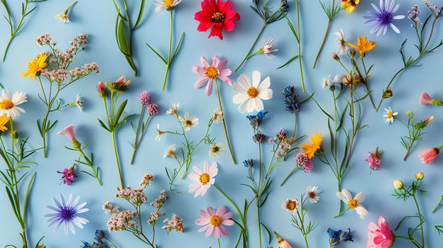 Beautiful spring nature background with lovely blossom, petal and bokeh on turquoise blue background , top view, frame. Springtime concept light blue