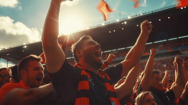 Establishing Shot of Fans Cheer for Their Team on a Stadium During Soccer Championship Match. Team Scores Goal, Crowds of Fans Scream, Celebrate Victory Win with Confetti. Football Cup Tournament.