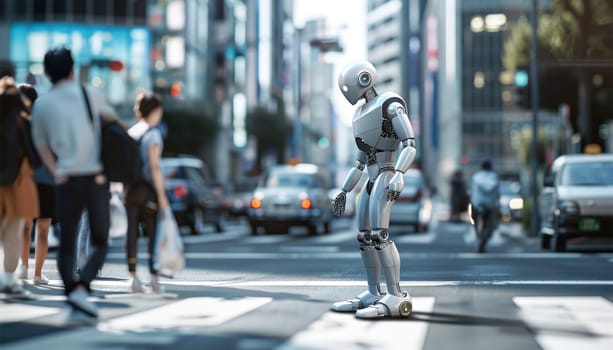 AI Artificial Intelligence Robot Head with digital graphic Brain Engine in modern city. 4k video Futuristic technology concept design cyber background